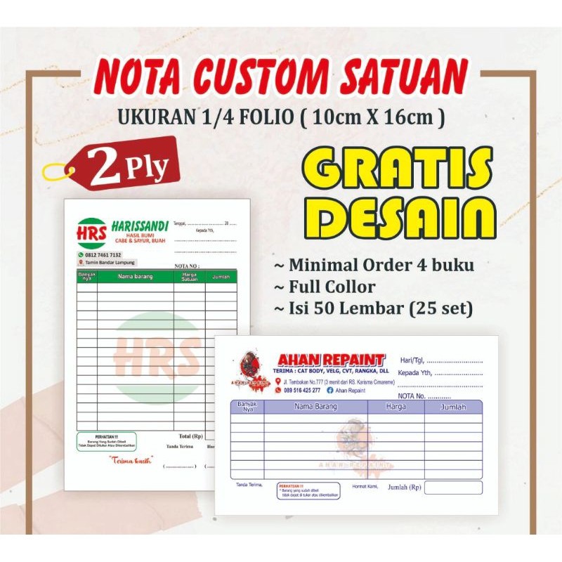 

Cetak PROMO cetak nota custom murah 2 ply ukuran sedang 1/4 folio Murah