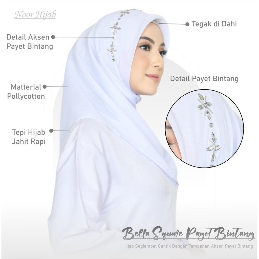 Jilbab Segiempat payet motif bintang// Bella Square pearly motif bintang JAHIT TEPI Polycotton premi