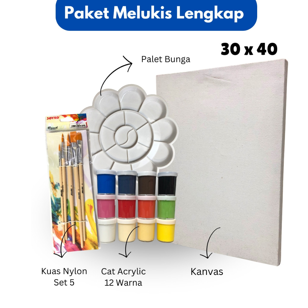 

murah banget Paket Melukis Lengkap Set Lukis PerlengkapanSet 4 in 1 Set Kanvas 30 x 40 cm Kuas Palet & Cat Acrylic isi Lebih banyak 12 ML- Set ART ASIA hig quality