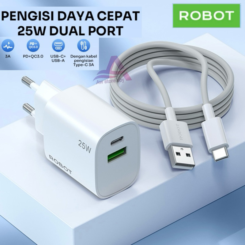 ROBOT 25W Charger Dual Port usb A/ Usb Type C Super Fast Charging + Cable Type C Multi Protection