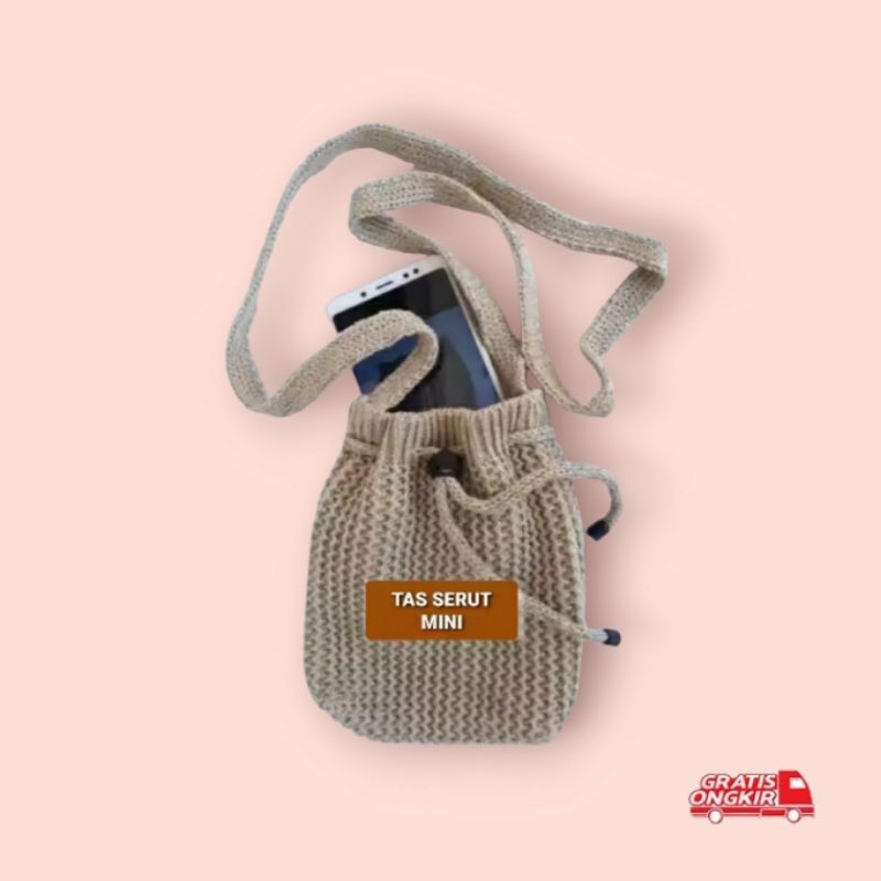 Tas hp selempang rajut / tas rajut serut hp polos premium