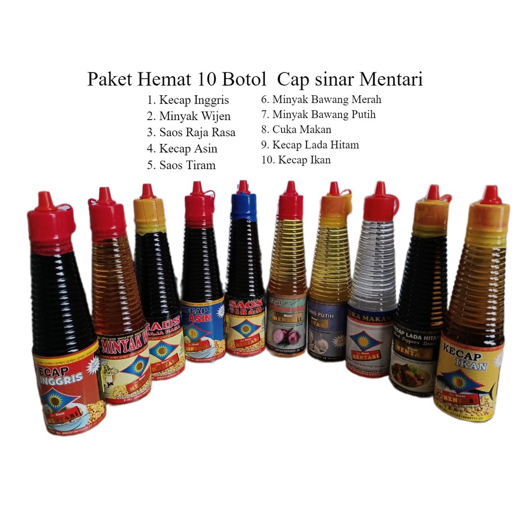 

PAKET 10 Botol Cap sinar Mentari 150 ml - Kecap Inggris, Minyak Wijen, Saos Raja Rasa, Kecap Asin, Saos Tiram, Minyak Bamer, Minyak Baput, Cuka Makan, Kecap Lada Hitam, Kecap Ikan