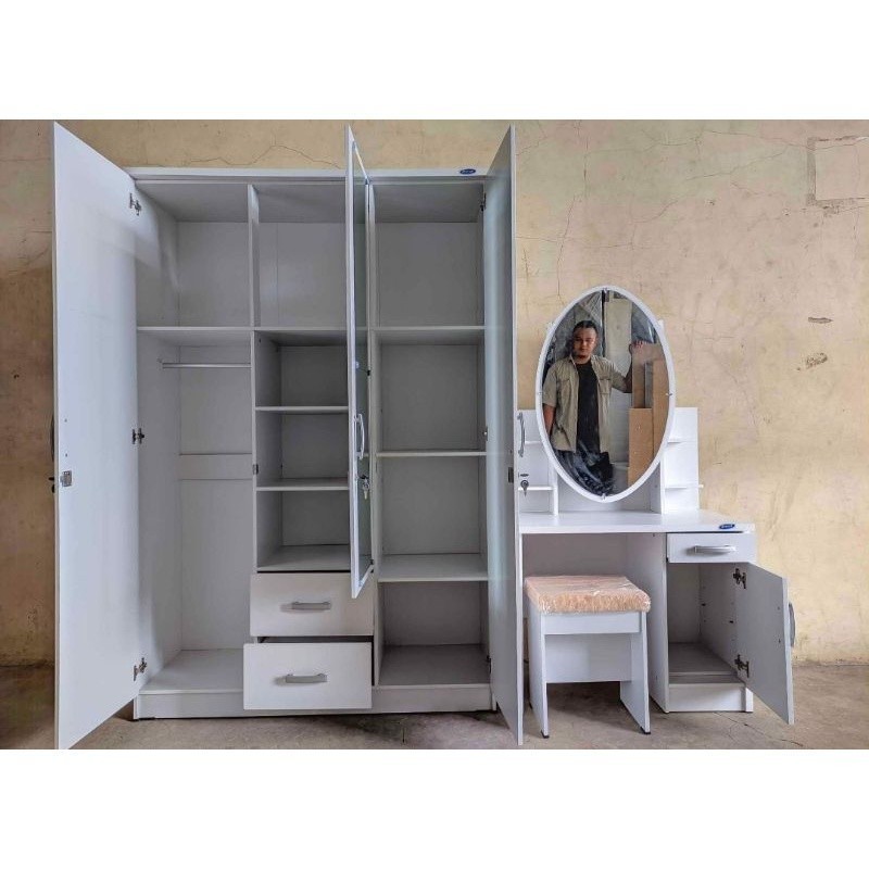 PAKET LEMARI 3 PINTU ROMARO LACI DAN MEJA RIAS WARNA PUTIH ROMARO MEBEL TERLARIS CIREBON INDRAMAYU  