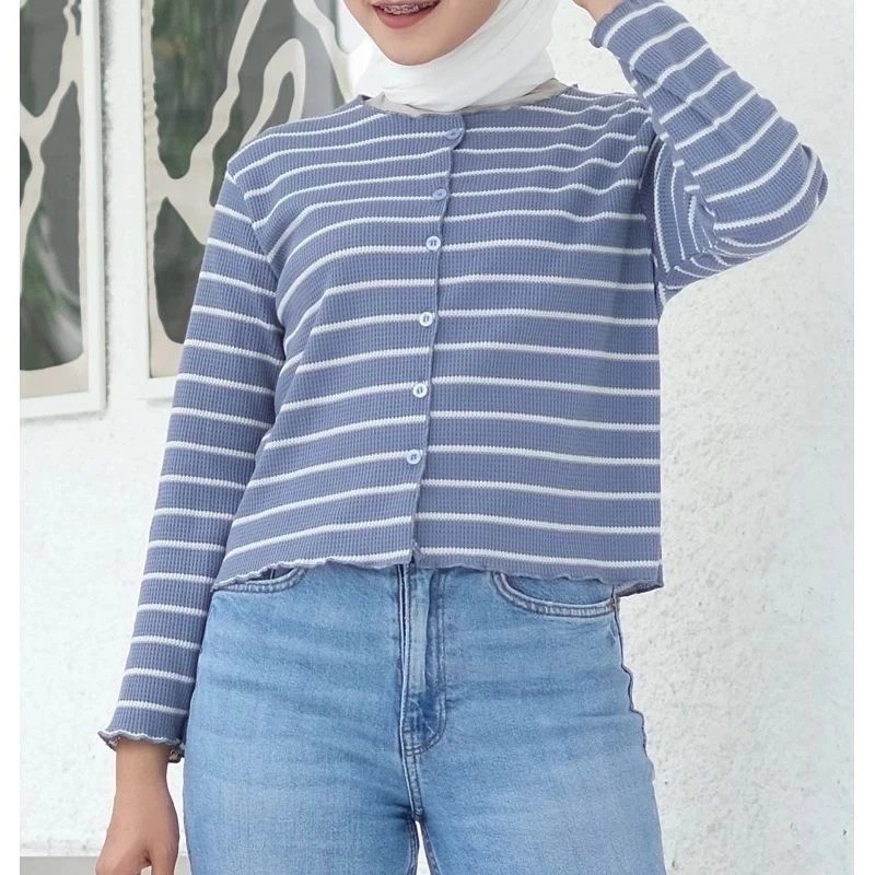 KF - ZJD CARDI KNIT CROP STRIPE SINTIA / Cardigan Crop PASTELI SALUR KRIWIL / FASHION ATASAN CARDIGA
