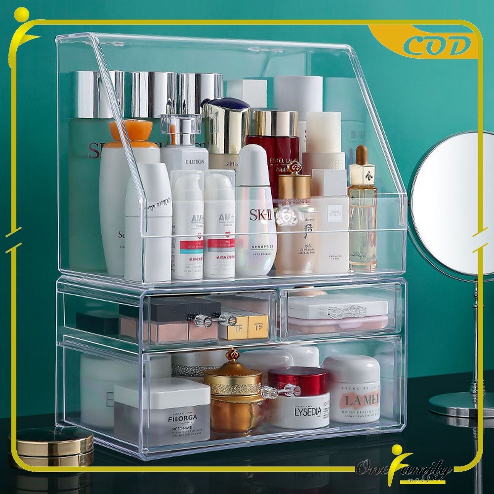 hf66lm ONE-K133 Rak Kosmetik Acrylic Transparan Dengan Penutup Anti Debu Storage Box / Tempat Penyim