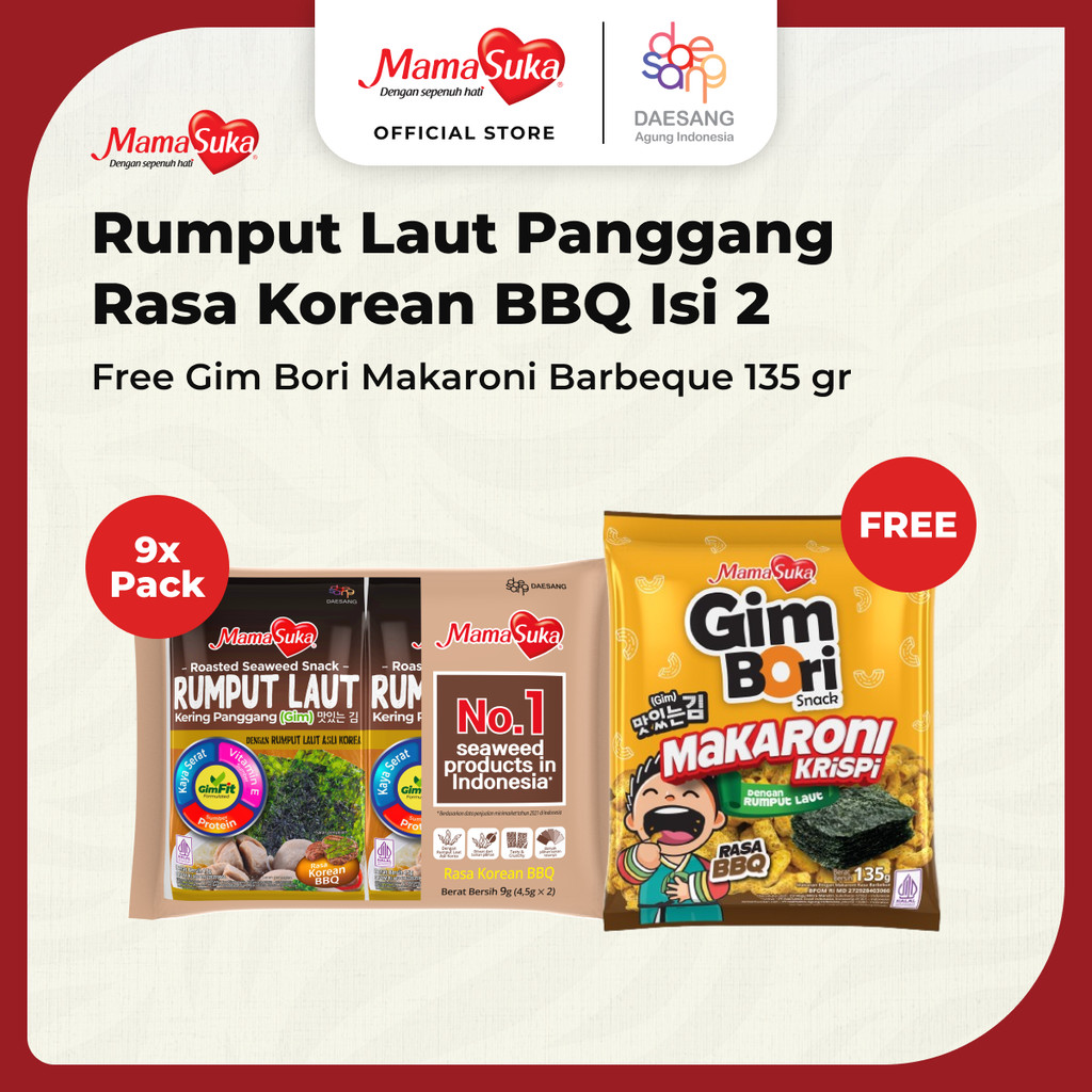 

MamaSuka - Rumput Laut Panggang Barbeque Isi 2 Free Gim Bori Makaroni Barbeque 135 gr