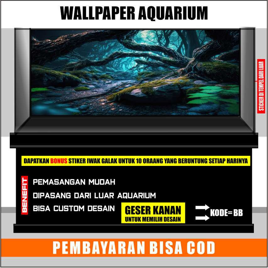 stiker background aquarium 3d timbul custome jumbo kaca akrilik besar full set fantasi garden bb
