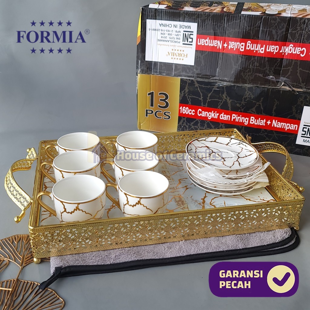 FORMIA Tea Set Cup & Saucer Emas 15" + Tray Cantik Aesthetic Bermotif