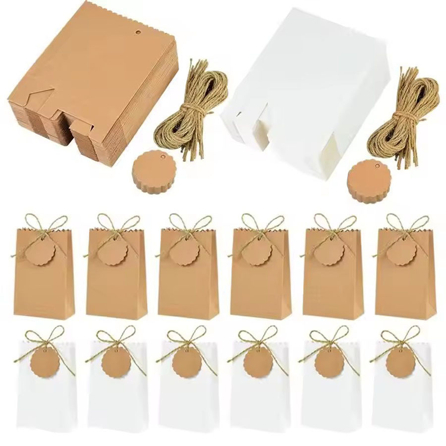 

10/20/30pcs Retro Kraft Paper DIY Gift Bag White Brown Cookie Wedding Favor Candy Box Food Packaging Bag With Rope Birthday Deco