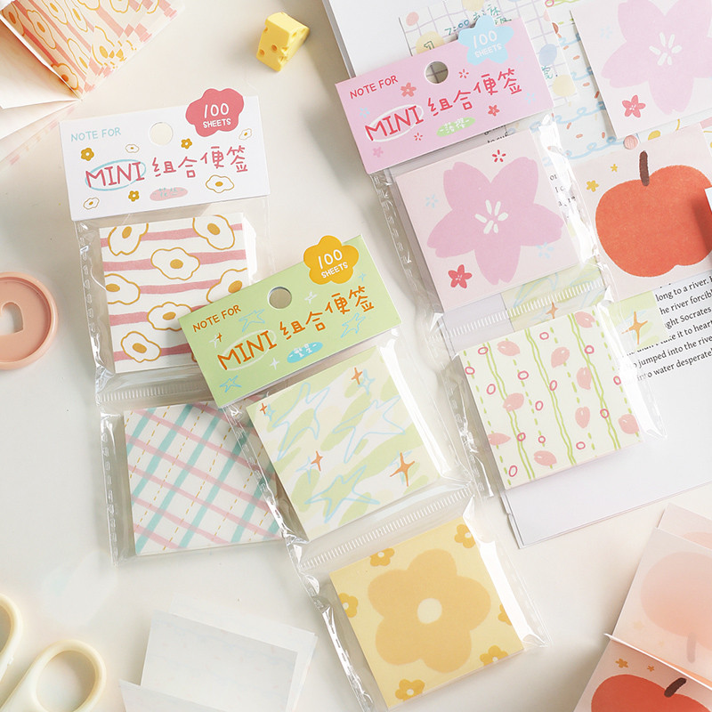 

Ins Style 2 in 1 Mini Assorted Non-Adhesive Memo Pad Set Cute 100 Sheets Per Pack Ideal for Notes Journaling Daily Decoration