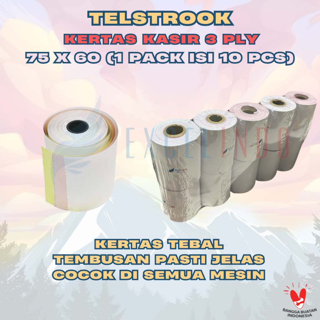 

NEW SALE (ISI 1 PACK/10 PCS) Telstruk / Kertas Struk / Kertas Kasir 3 ply NCR Dot Matrix 75x60 Excelindo