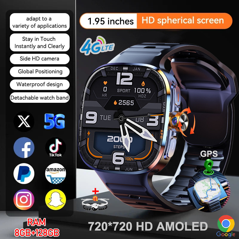 5G/4G All-Network Smart Watch 2.4 inch AMOLED 2100mah Battery 8GB+128GB RAM 1000W Camera GPS WIFI Go