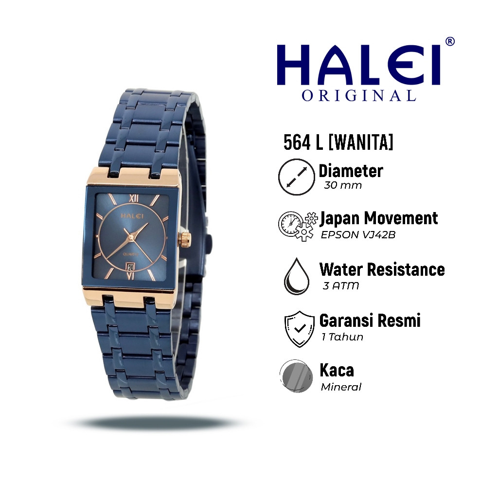 New HALEI IND 564 L - Bergaransi Jam Tangan Tanggal Petak Rantai Wanita - Bahan Stainless Steel Back