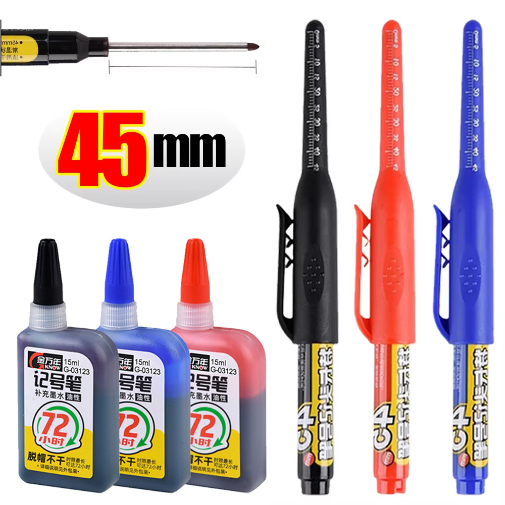 

45mm Waterproof Deep Hole Marker Pens Long Nib Head Carpenter Pen Black/Blue/Red Ink for Multi-Purpose Woodworking Hand Tools