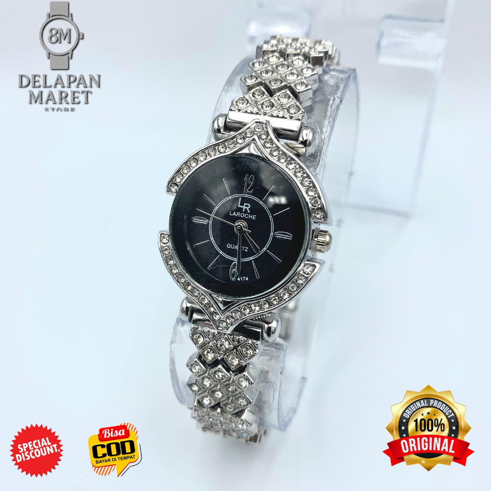 DELMART Jam Mewah LAROCHE Hitam Silver Jam Wanita Bintik Permata Fashion Import Analog Aktif Anti Ai