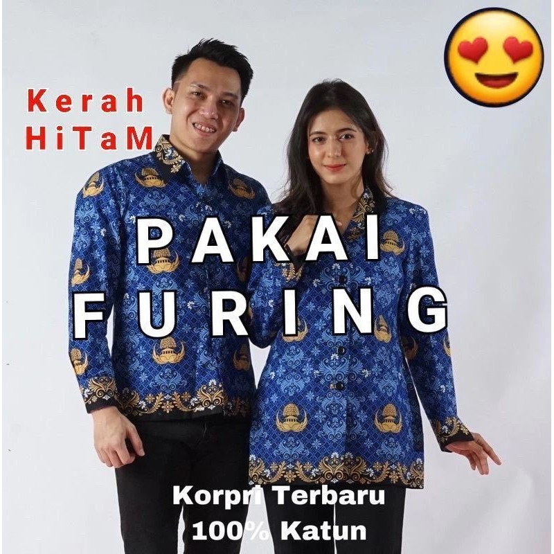 Pakaian Kerja Batik KORPRI Terbaru Full Furing Pria Wanita - Batik KORPRI Kain Katun Kerah Hitam