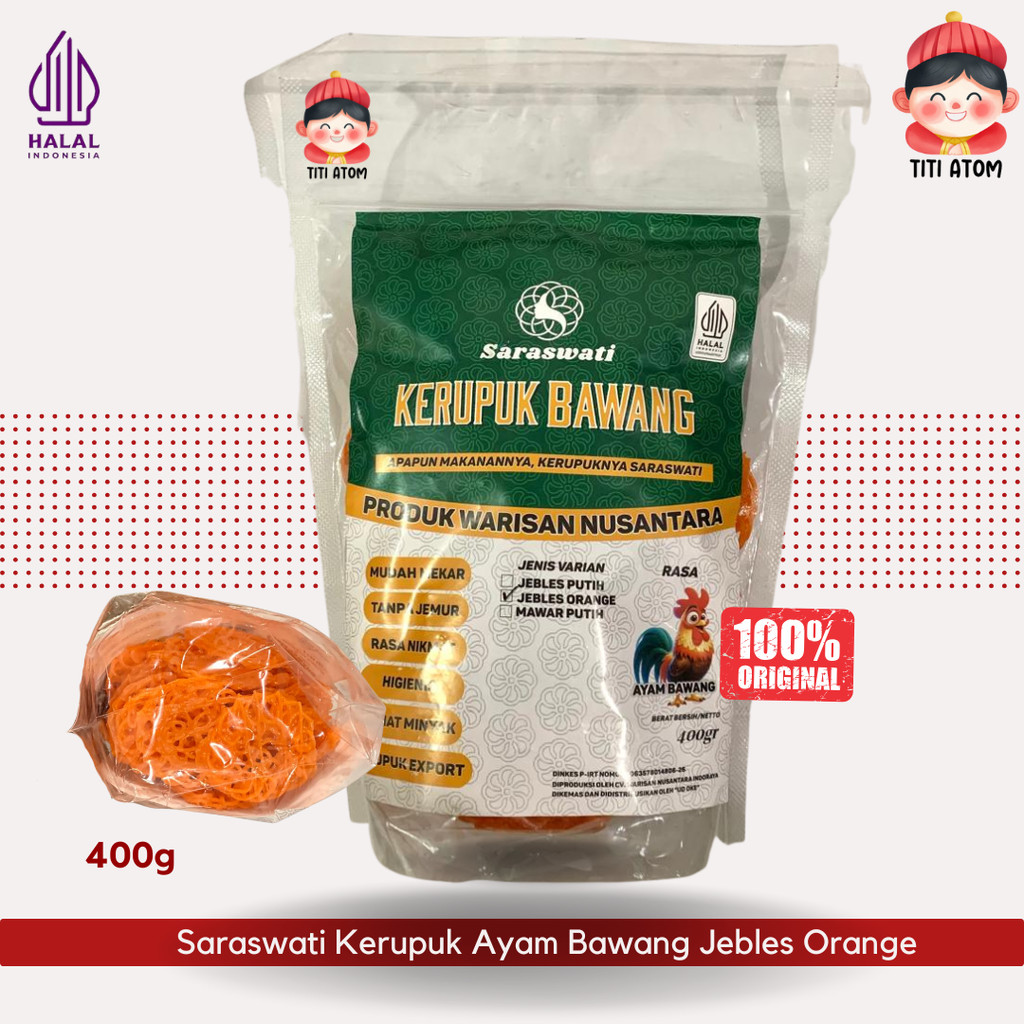 

Saraswati Kerupuk Ayam Bawang Jebles Orange Mentah Tinggal Goreng 400g