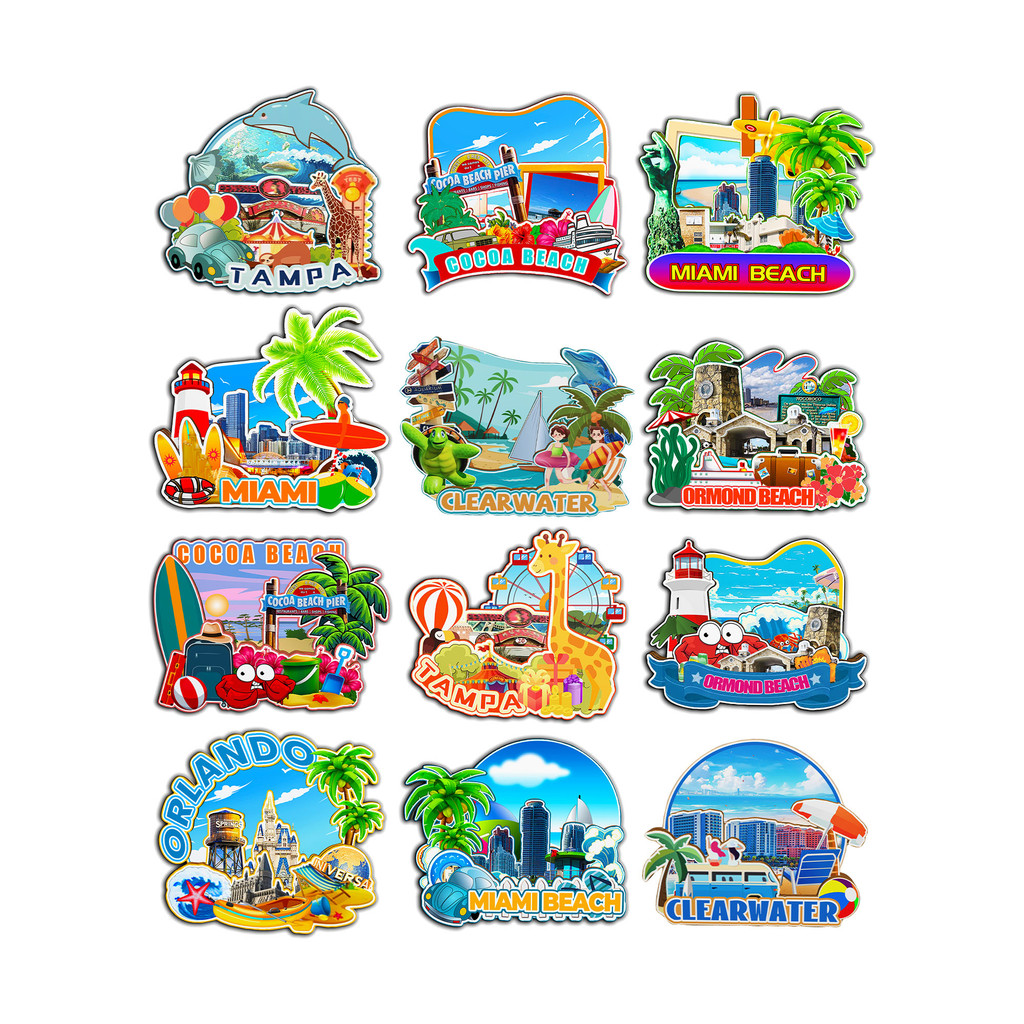 Decorative Magnets for Clearwater Ormond Beach Tampa Cocoa Beach Miami Orlando Florida USA City Land