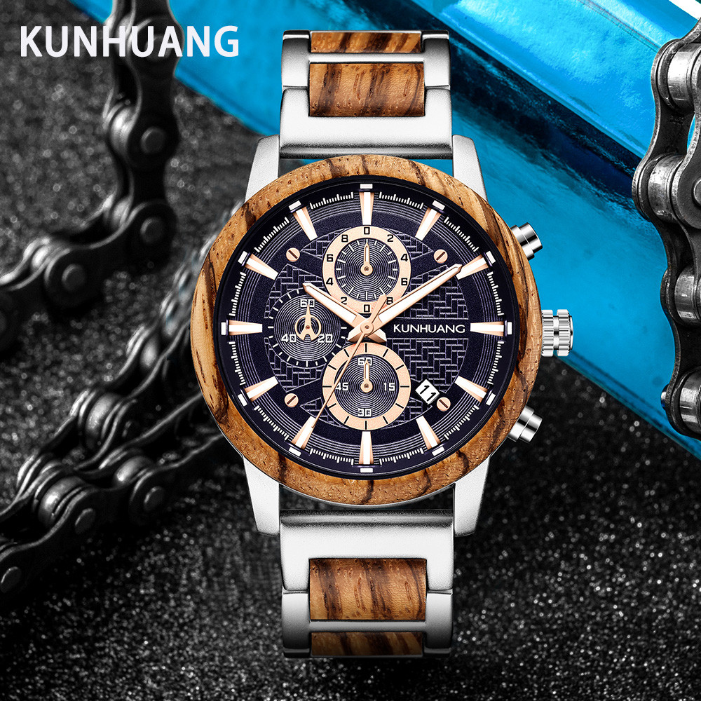 KUNHUANG Wood Watches Luxury Luminous Multifunction Wooden Men's Quartz Retro Watch Fashion Sport Ti