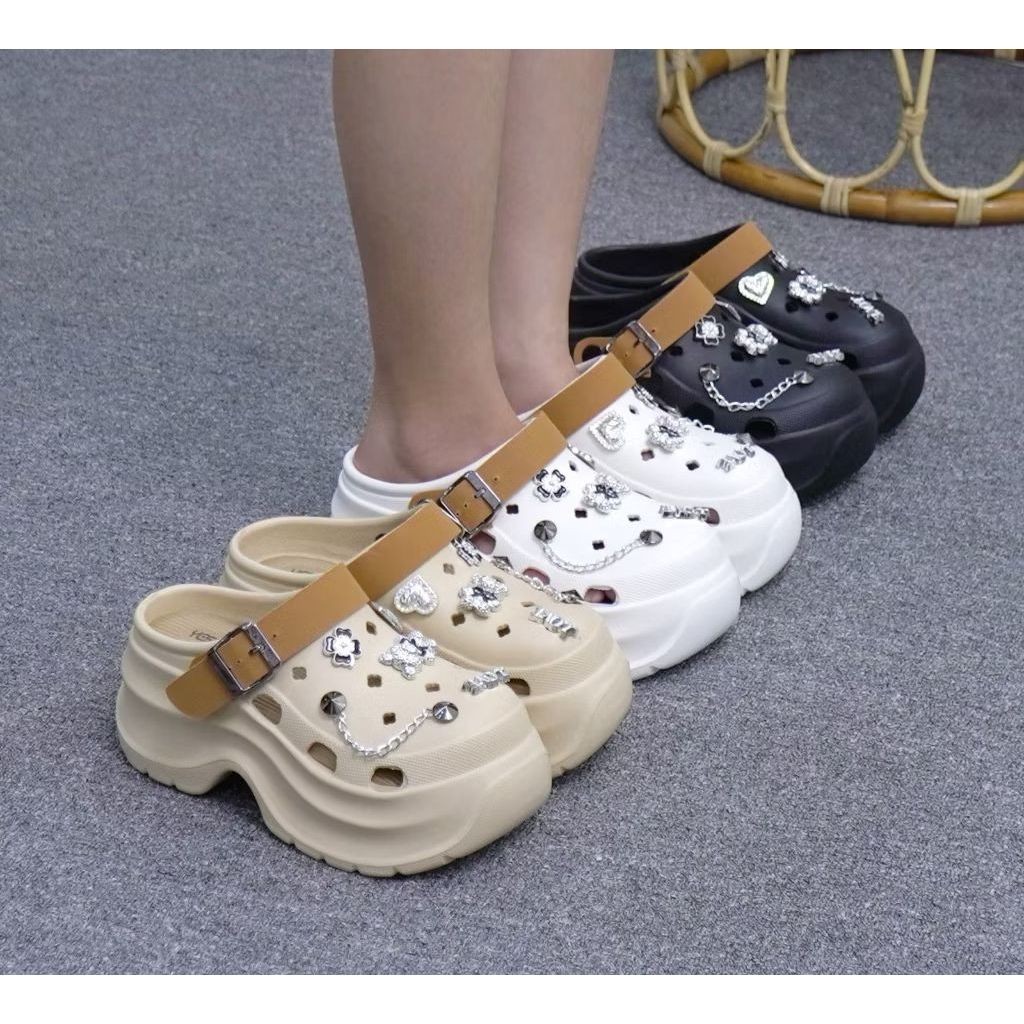 SK74RF Sandal Original E1605-1 Sandal Baim Wanita Bahan EVA Sandal Wedges 9CM Jibbitz 3D bahan elega