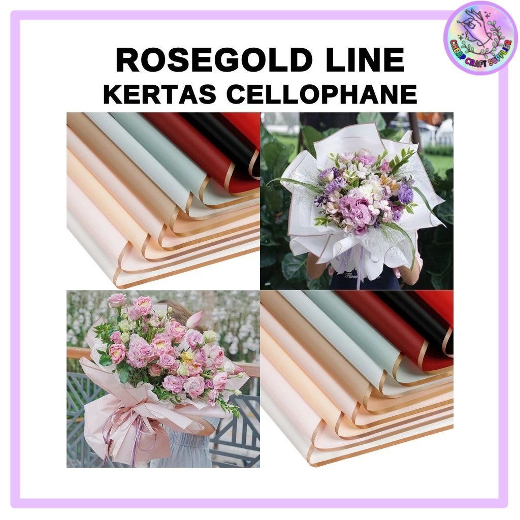 

(20 LEMBAR) Kertas Cellophane Buket Bunga - TRANSPARAN ROSEGOLD LINE - Flower Wrapping Paper