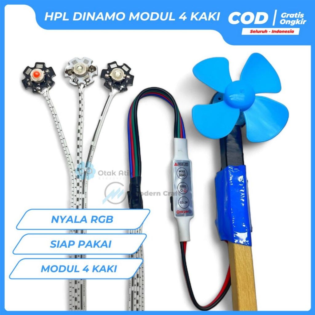 Lampu layang layangan dinamo LED HPL modul RGB 4 kaki fullset siap pakai