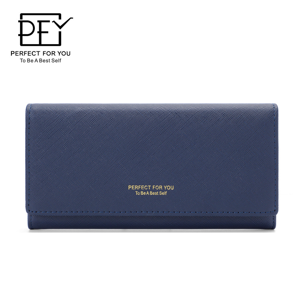 [Stok Ready] Dompet Panjang Wanita Elegan 2025 - Warna Navy Blue Classic, Desain Korea Cross Texture