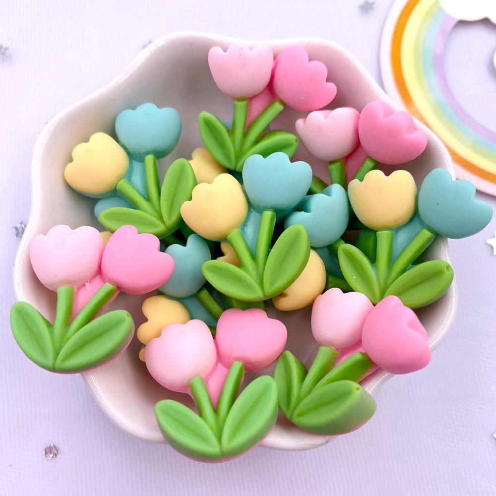 

Painted Resin Kawaii Colorful A Bunch of Tulips Flatback Stone Scrapbook Figurines 10PCS DIY Bow Decor Accessories Crafts OM404