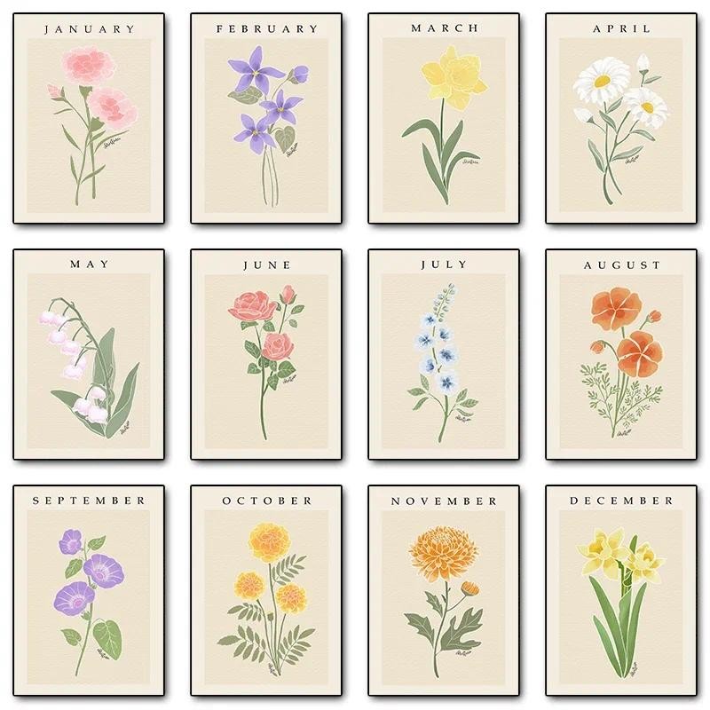 

Wall Art Birth Month Flower Daisy Violet Narcisus Carnation Posters and Print Canvas Painting for Living Room Modern Home Decor