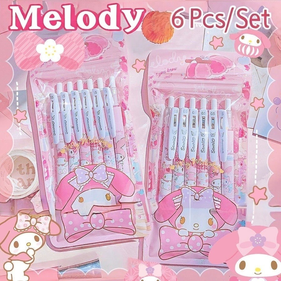

6 Pcs/Set Sanrio Melody Limited high quality Gel Pen Cartoon 0.5mm Black Quick-drying Pen Learning Stationery Office Supplies