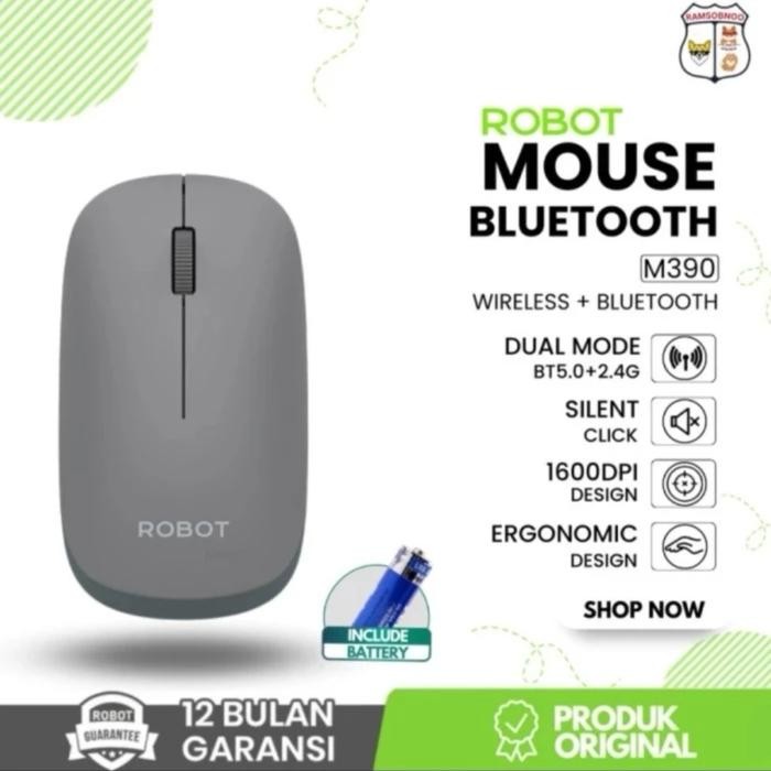 Mouse Wireless Robot M350 Silent Click dengan Receiver USB & Bluetooth - M390 Grey