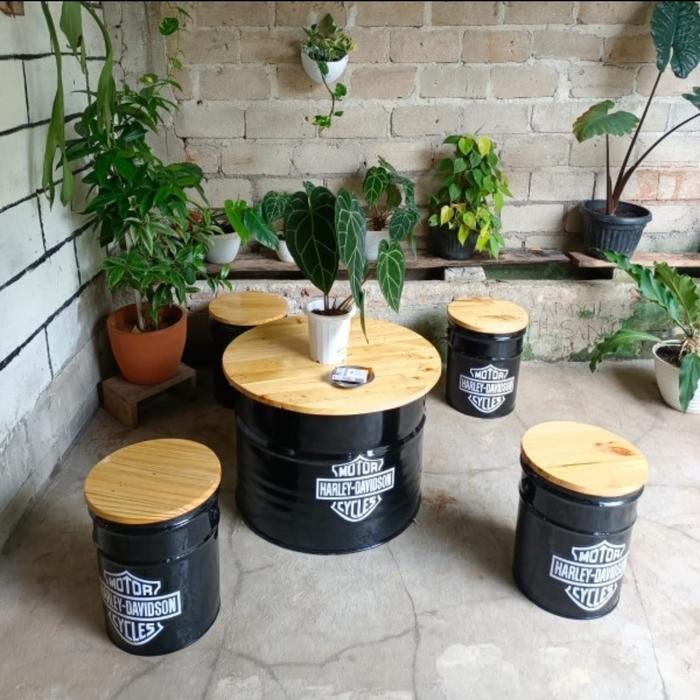 Promo kursi tong meja drum tutup kayu