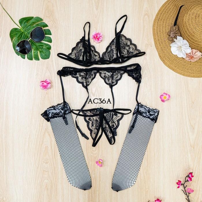 Underwear Wanita Bra Set + Lingerie Stocking + Garter Belt Hitam AC36A