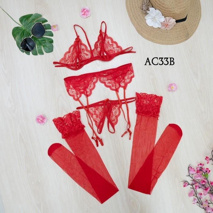 Underwear Bh Cd Seksi + Sabuk Paha + Stocking Sexy Lace Merah AC33B