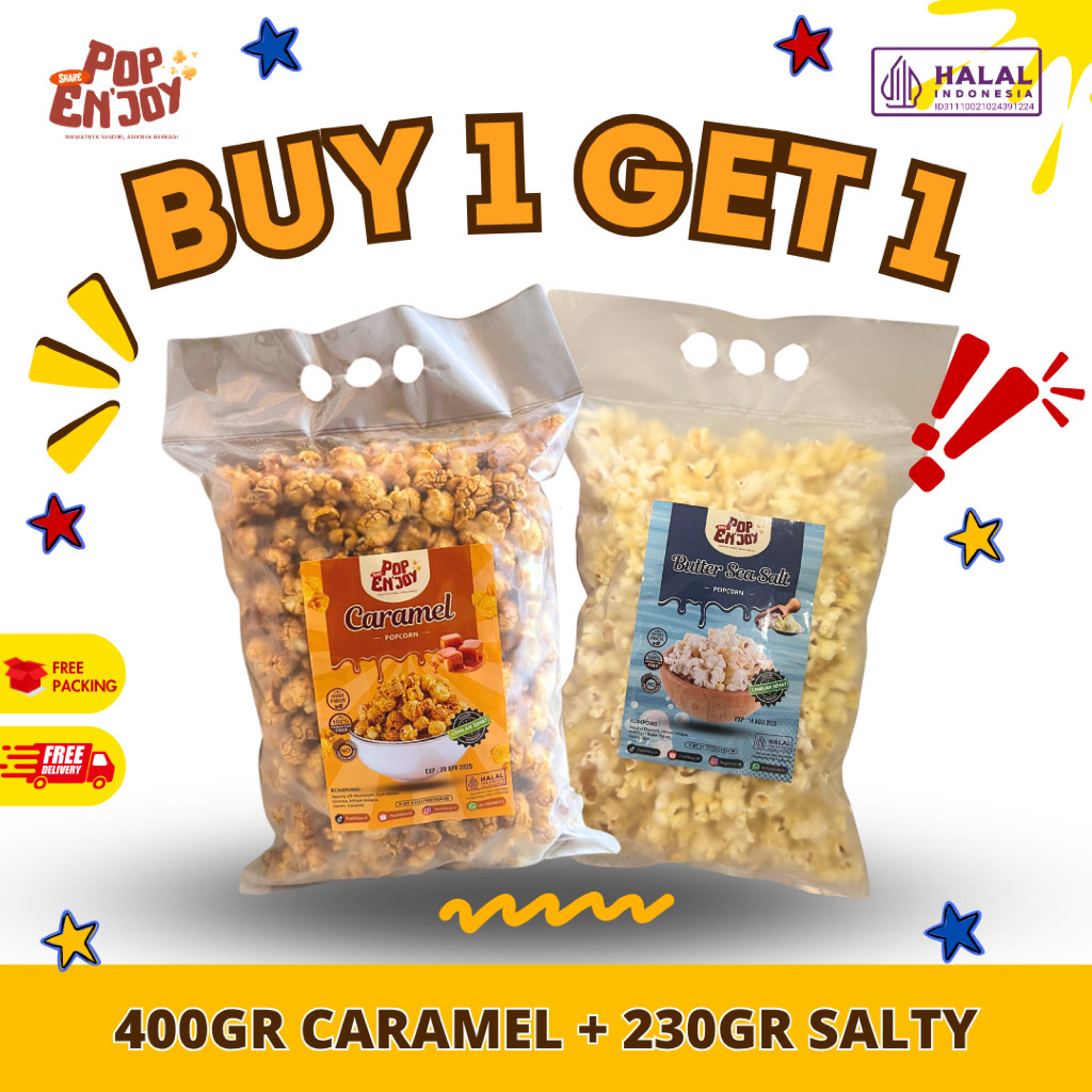 

[HEMAT GILA] BUY 1 GET 1 (CARAMEL+SEA SALT) - PopENjoy / 2 Rasa Camilan Crispy Popkorn Jagung Sehat Premium