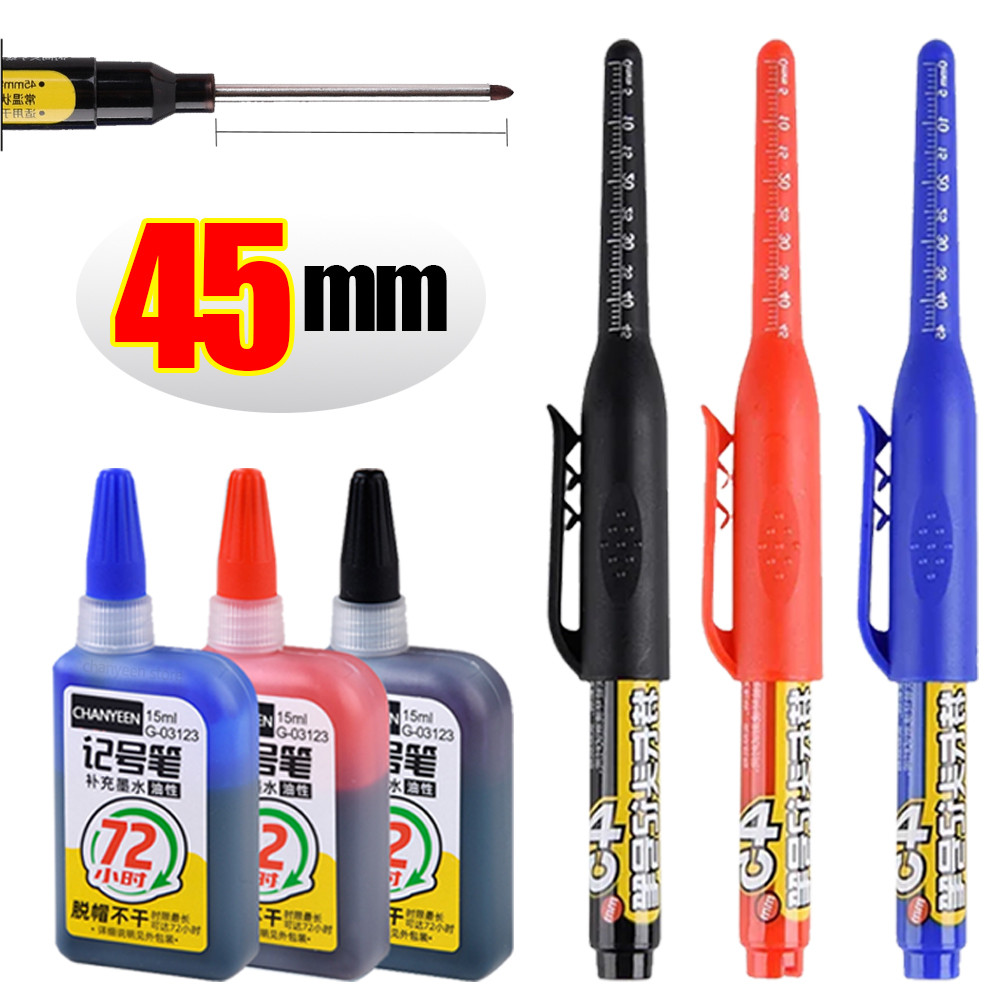 

45mm Waterproof Deep Hole Marker Pens Long Nib Head Carpenter Pen Black/Blue/Red Ink for Multi-Purpose Woodworking Hand Tools