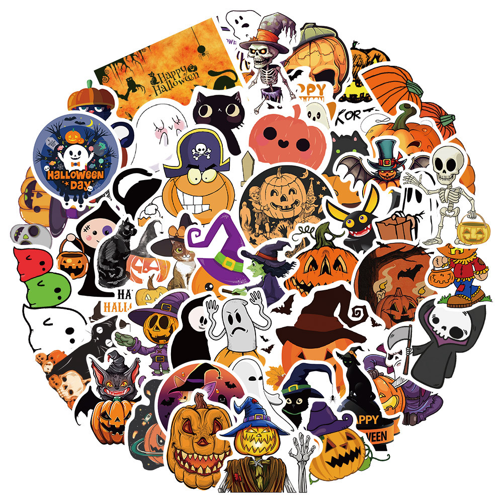 

50pcs Halloween Stickers Retro Horror Skeleton Stickers Cute Ghost Bat Pumpkin Skull for Party Favors Waterproof Vinyl Stickers