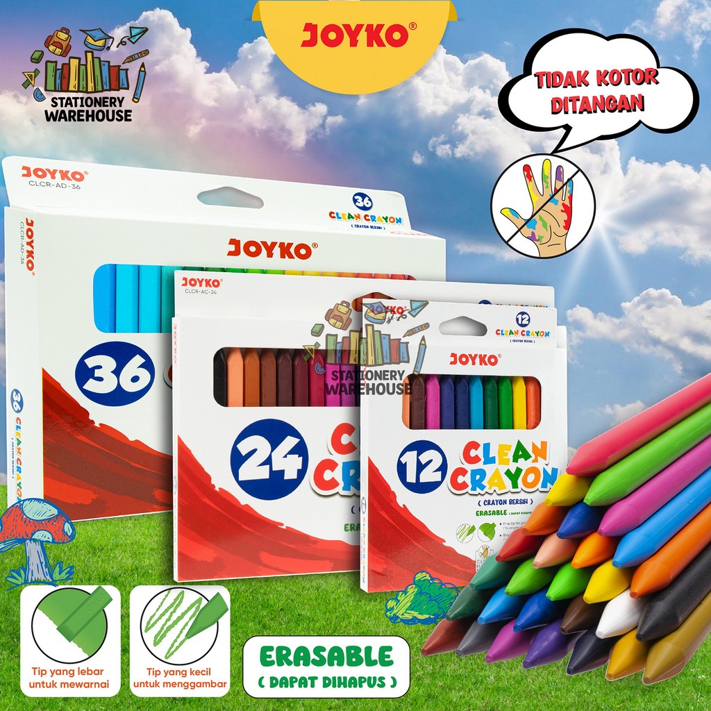 

Krayon Bersih Dapat Dihapus Clean Crayon Erasable JOYKO 12 24 36 Warna CLCR-AB-12 CLCR-AC-24 CLCR-AD-36