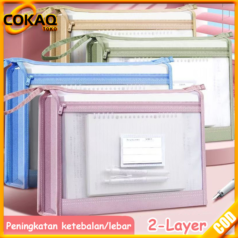 

COKAQ Tas Dokumen 2 Layer-A4 A4 Map Buku- Jaring Zipper Fortable Transparan File Folder Document Bag