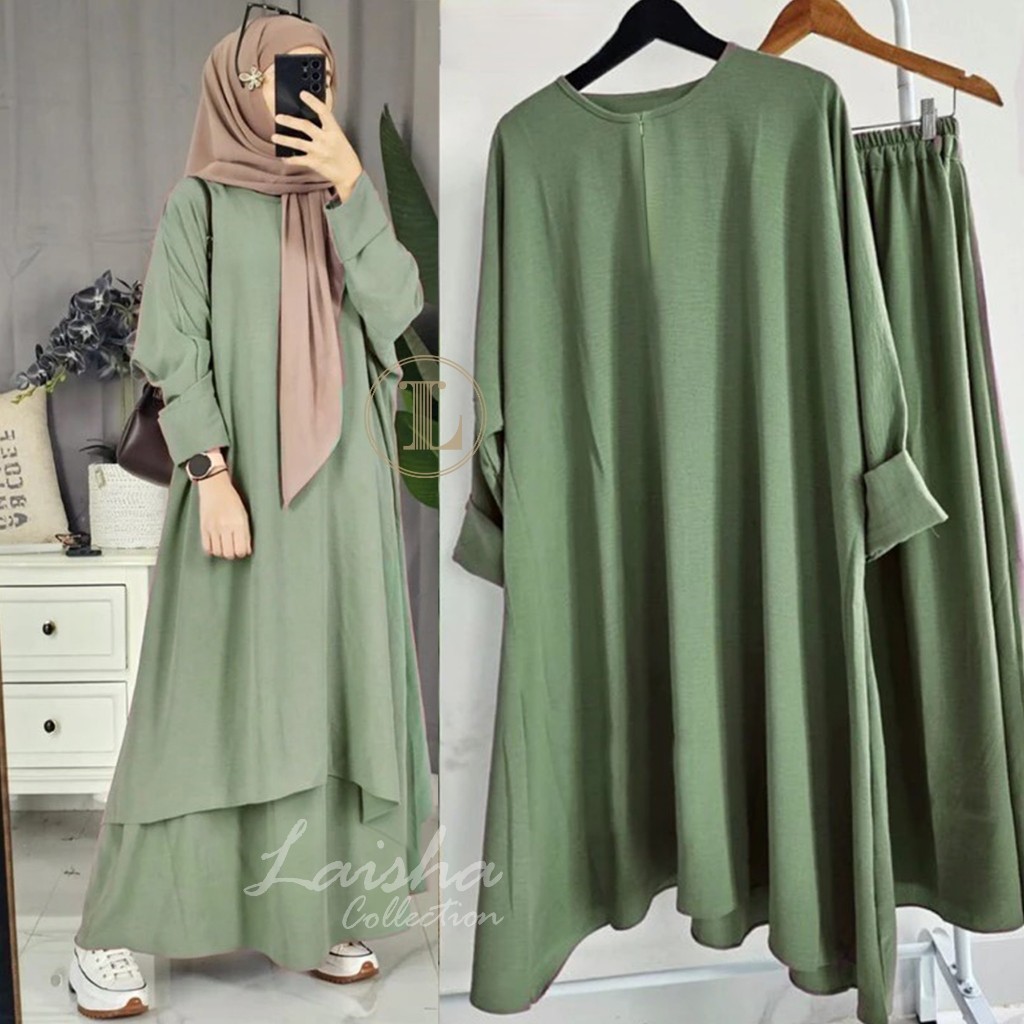 KALIIDRI (Bisa COD) Abaya Tunik Setelan atasan + Rok crinkle Airflow umroh waita muslim kekinian / G