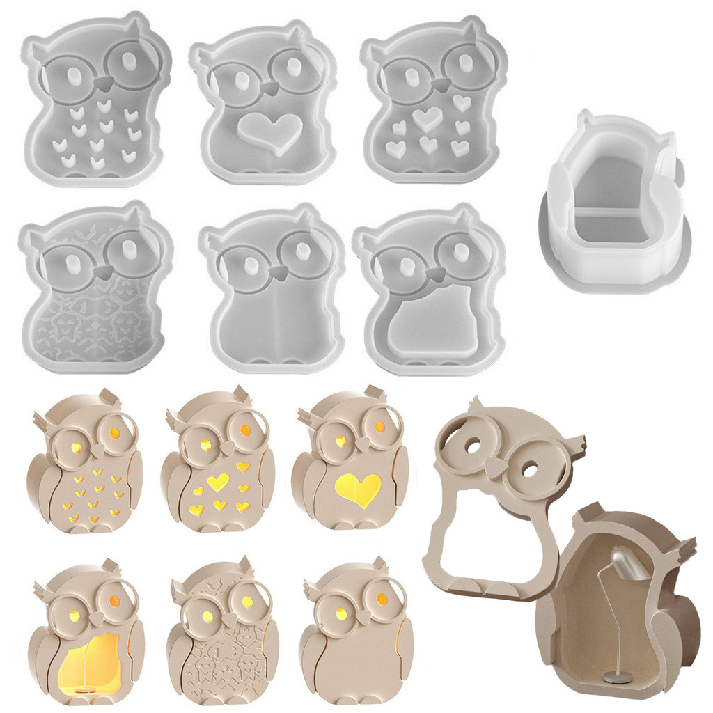 

Mould Halloween Owl Silhouette Lamp Resin Silicone Mold Drip Glue DIY Glasses Q Version Owl Plaster Night Light Molds