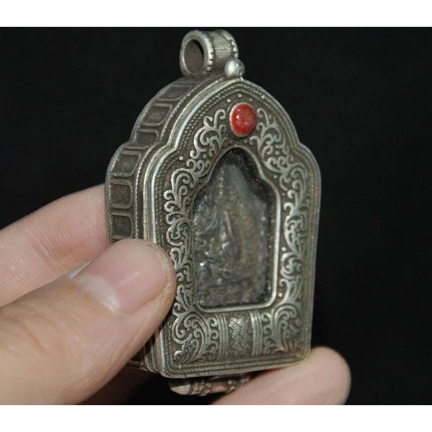 Tibetan Silver 2" Guru Rinpoche Padmasambhava Buddha Thang-ga Pendant Old Tibet Religious Artwork Je