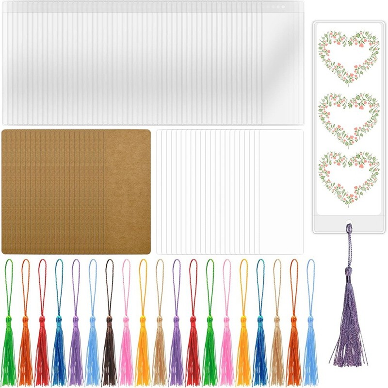 

ABDJ-50 Sets Blank Bookmark Making Kit, 50 Paper Bookmark Blanks, 50 Colorful Bookmark Tassels, 50 Clear Bookmark Sleeves