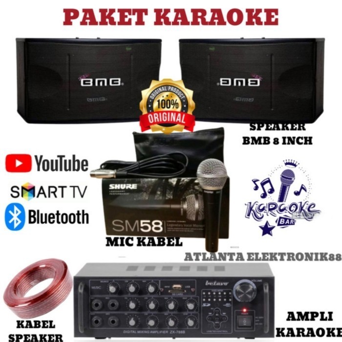 Paket Hemat Sound Karaoke BMB 8 Inch Bisa Bluetooth +Amplifier+ Microphone