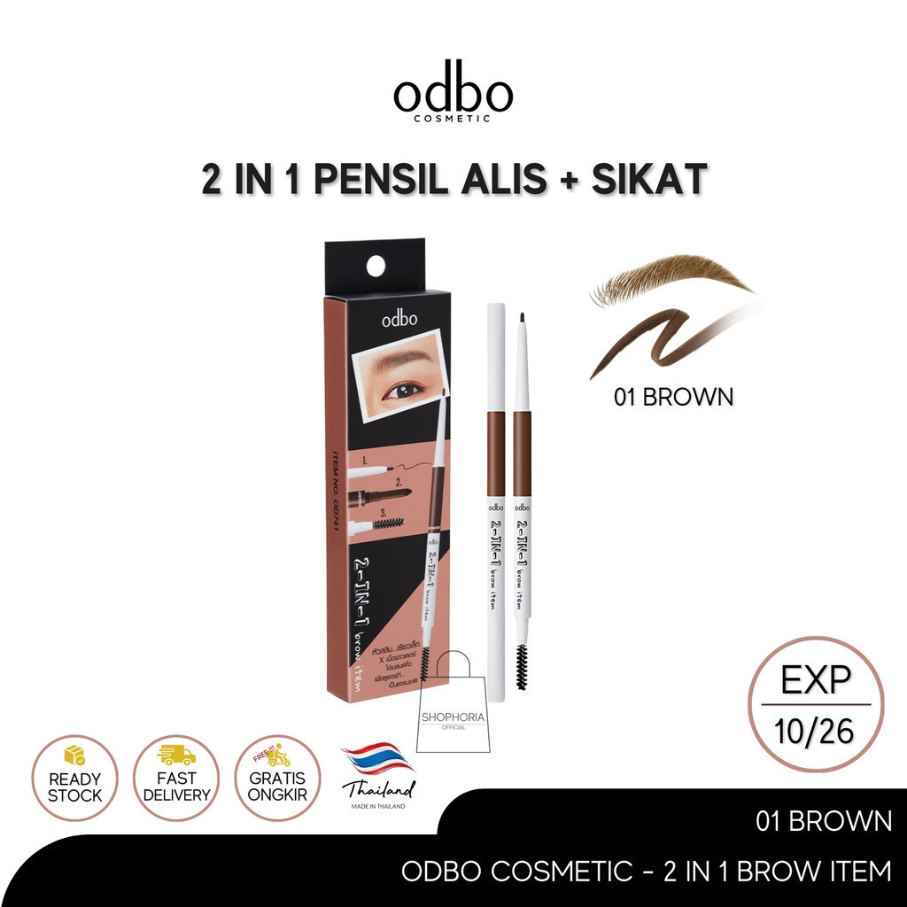 Odbo Cosmetic Pensil + Sikat Alis 2 in 1 Brow Item Berat 0,3 Gram Warna 01 Brown Original Thailand K