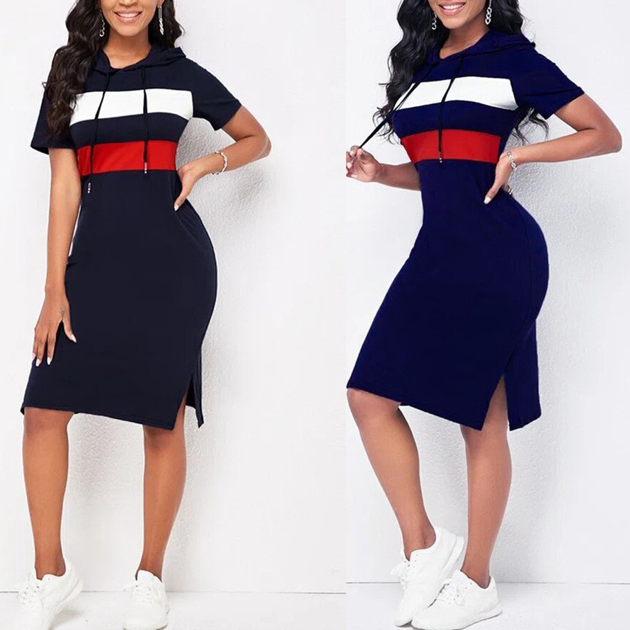 Casual Dresses for Women Comfortable Sports Hooded T-Shirt Medium Women Dress Color Matching Stripe 