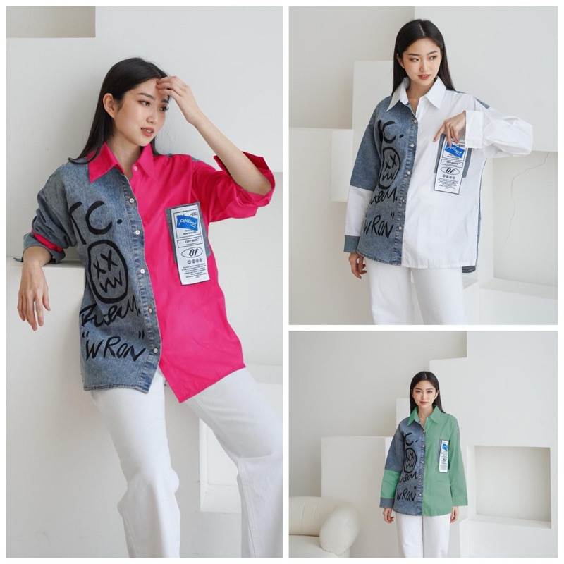 AESTHETHINGS- Premium Import Kemeja Wanita Kombinasi Denim Katun Smiley Street Grafiti Jumbo Bigsize