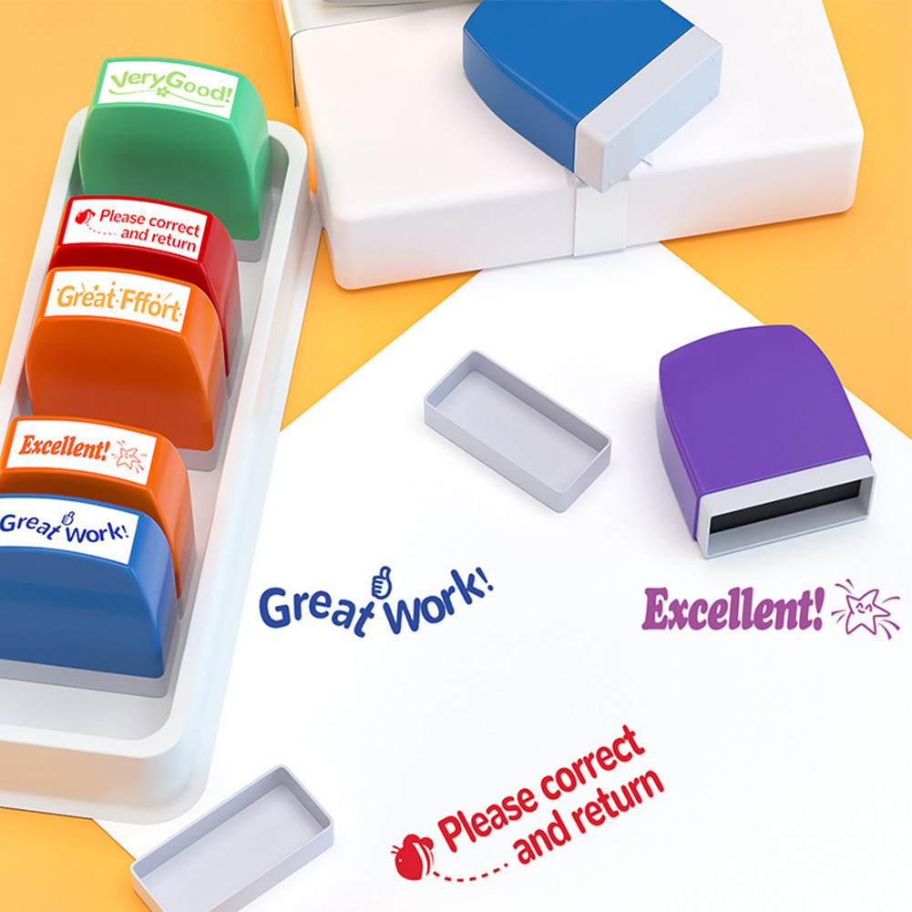 

8Pcs Teacher Stamps with Tray Self-inking Grading Stamps Motivation Stamps Encouraging Comments School Supplies for Teacher