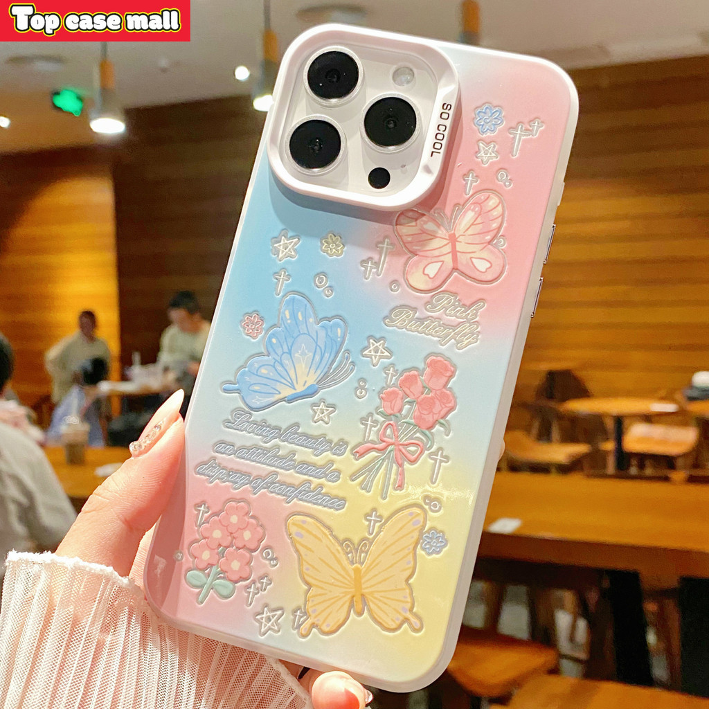Silver White Case iPhone 13 Soft Case Pola bunga kupu-kupu berwarna-warni List Plating Full Cover Fu