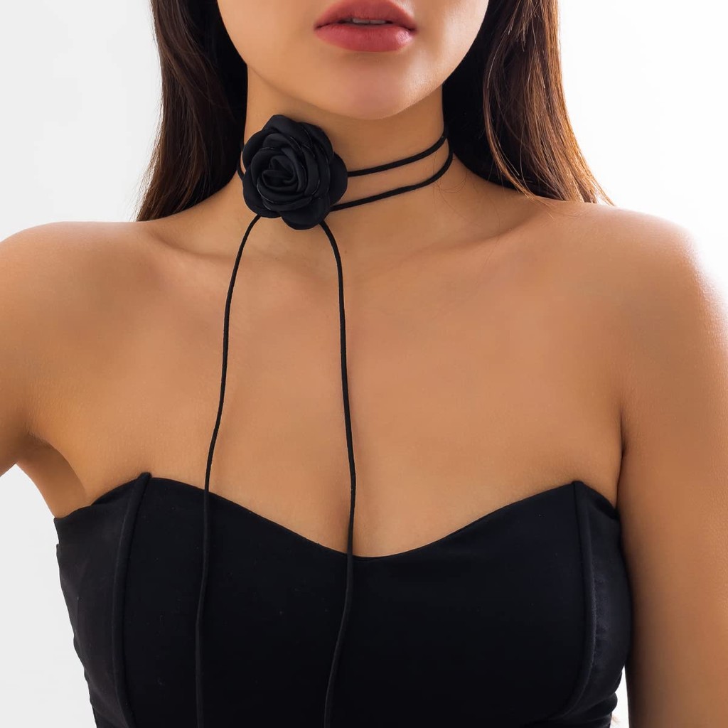 RB4 Kalung Choker Bunga Hitam Mawar Fashion Kalung Style Kalung Wanita Bunga Hitam Kalung Wanita
